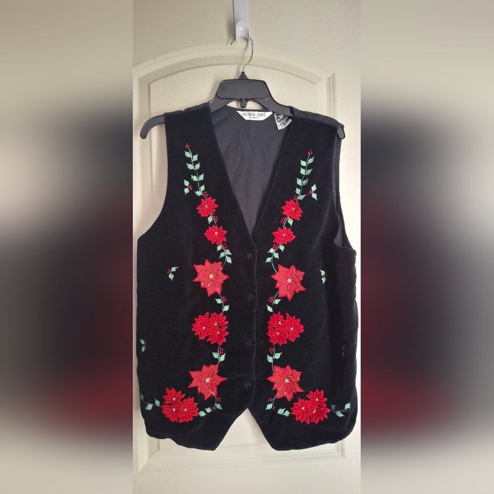 Vintage Victoria Joned Velour Black Vest with Red Poinsettia Embroidery 14/15
